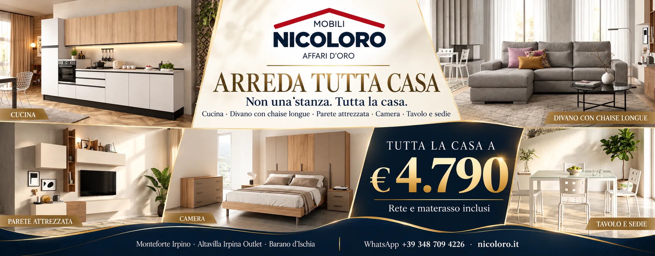 Arreda tutta casa con Mobili Nicoloro: cucina, divano con chaise longue, parete attrezzata, camera, tavolo e sedie a 4.790 euro, rete e materasso inclusi.